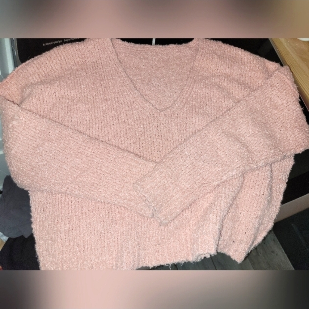 Free People Pink V-Neck Sweater Plush Texture